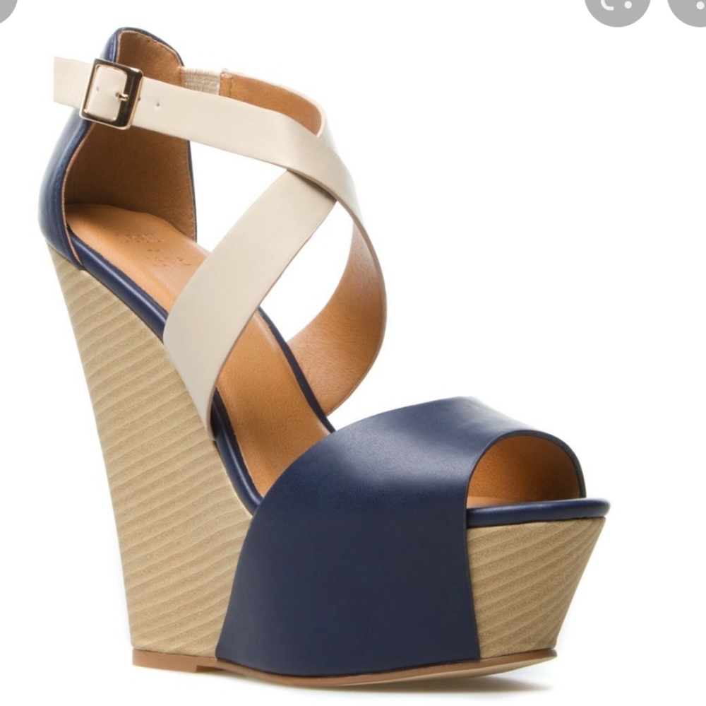 Beau & Ashe Bold High Wedge Leather Colorblock Strappy Minimalist Sandals 8.5